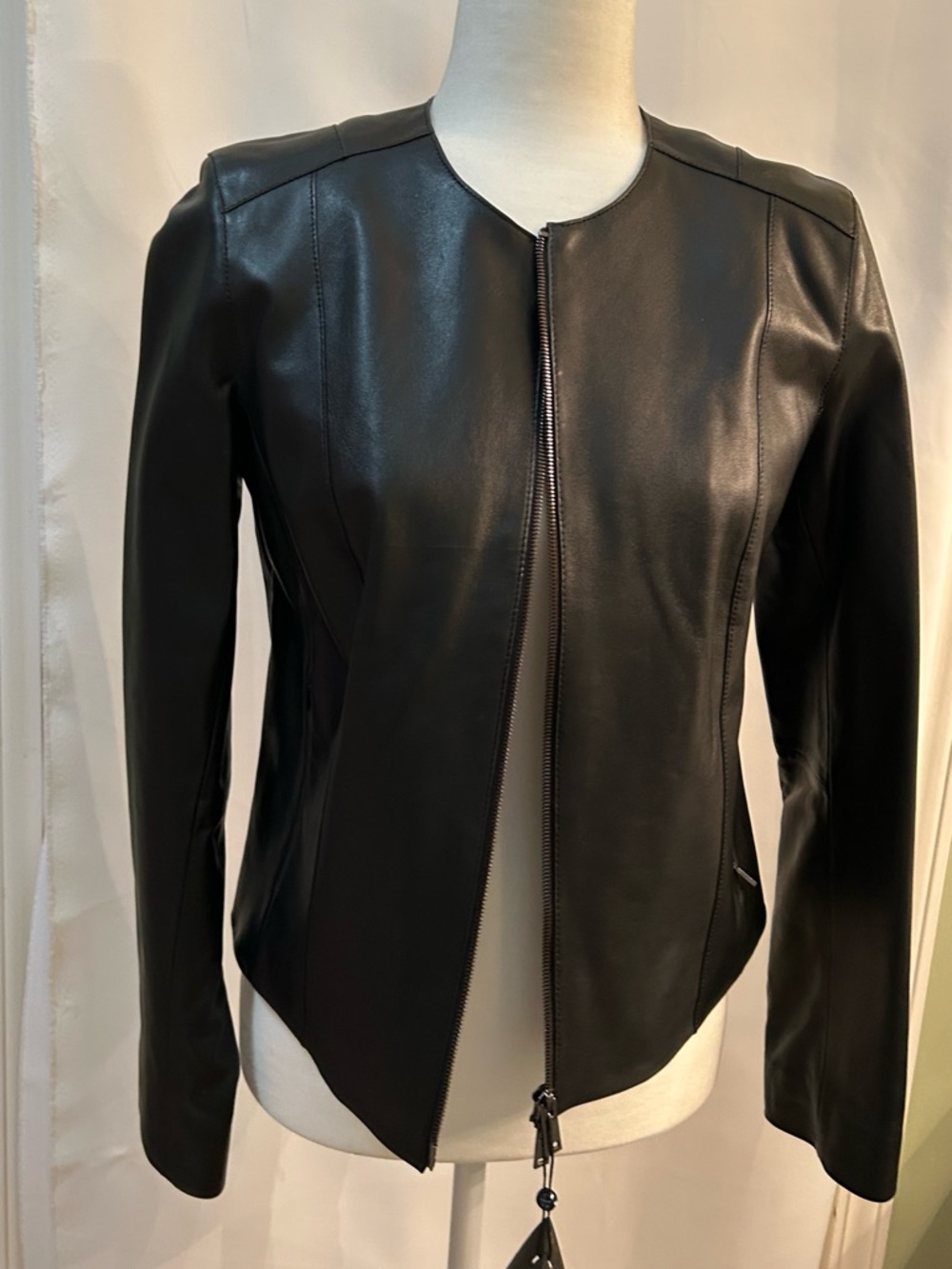 Massimo Dutti Black Collarless Leather Zip Jacket